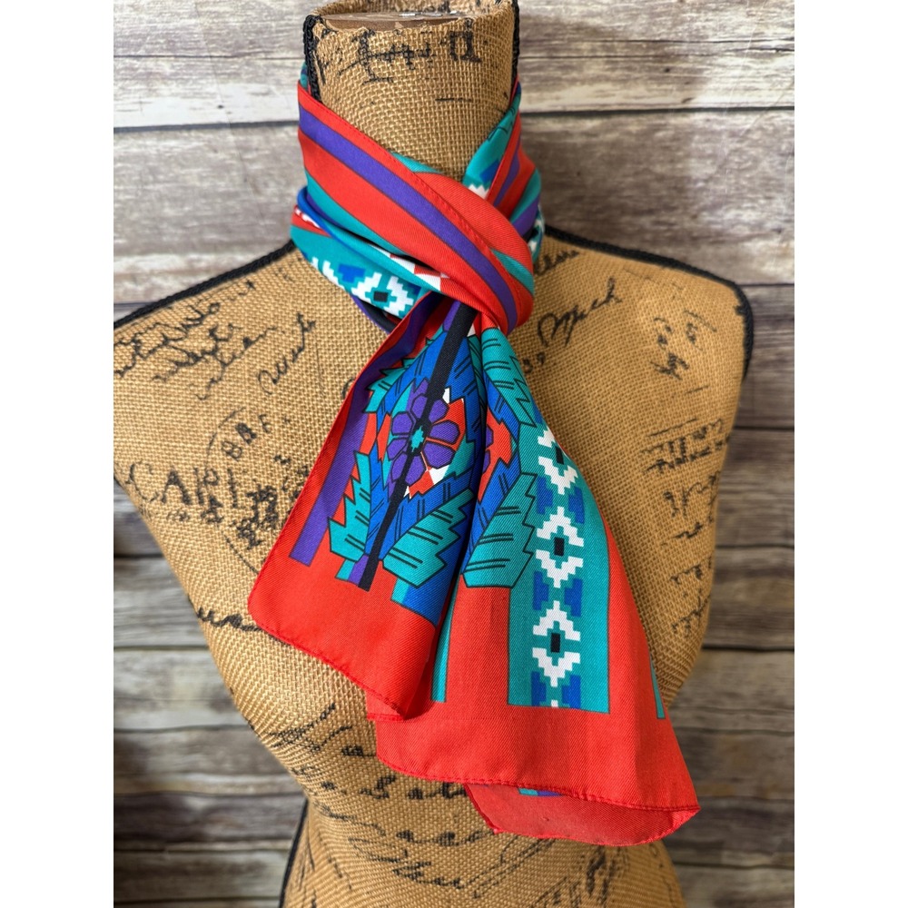 Vintage Southwestern Geometric Floral Oblong Scarf Red Turquoise Blue